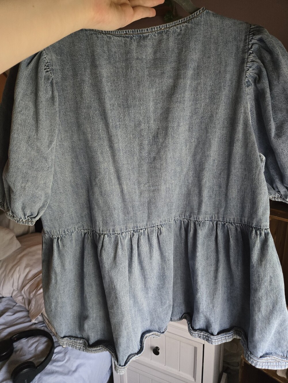 She + Sky Light Blue Denim Tie-Front Peplum Tunic - Picture 3 of 4